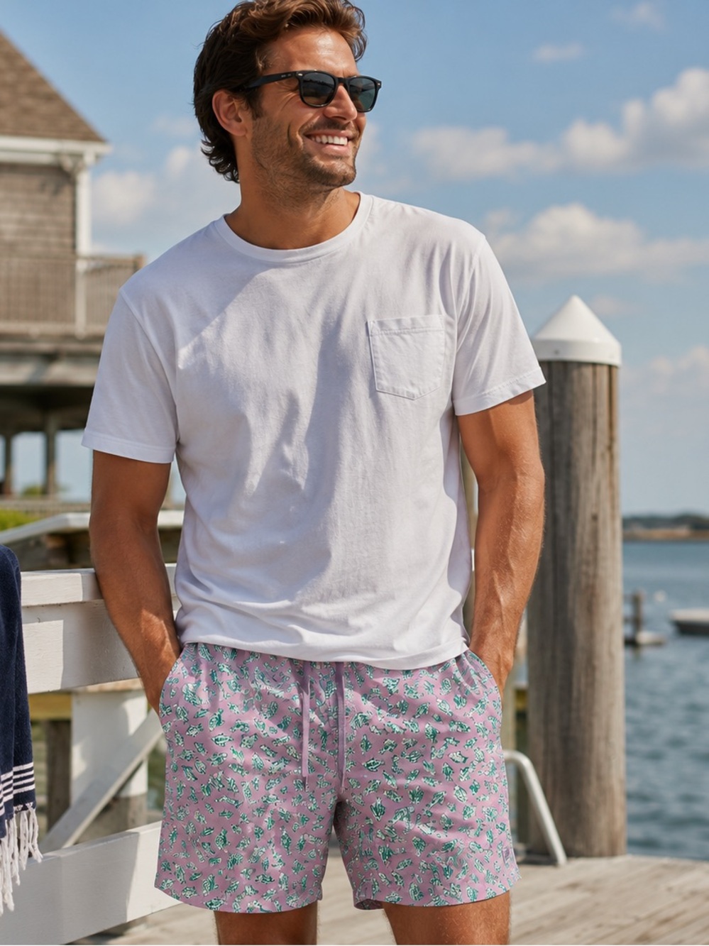 Lands’ End Fish Print Swim Trunks Men’s XL Pink Green Nautical Beach Resort